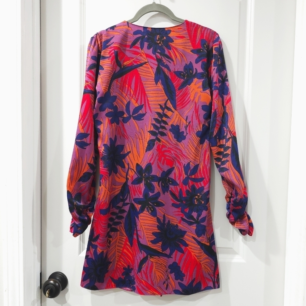 ZARA Vibrant Floral Long Sleeve Mini Dress, Ruched Sleeves, Tie Vneck Front, M - Picture 10 of 15